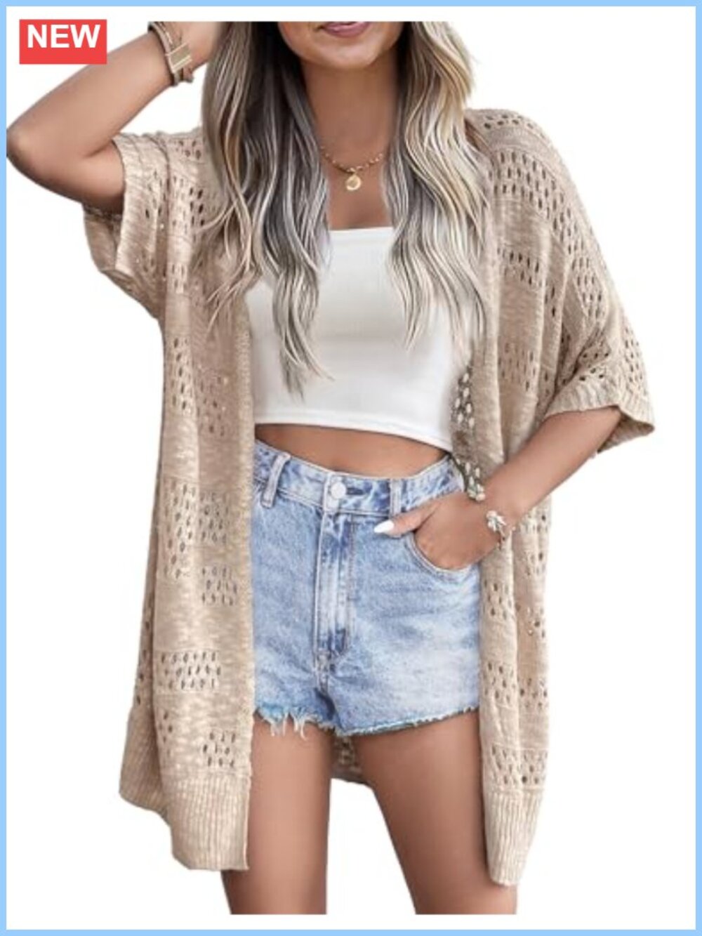 Women's Crochet Knit Cardigan Lightweight Boho Cover Up Short Sleeve V-Neck